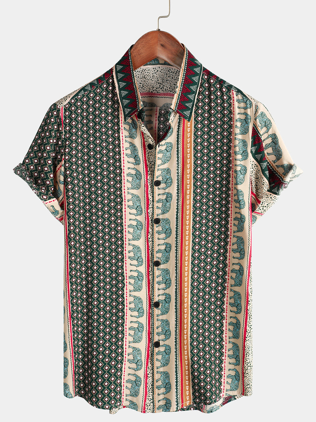 Chemise à manches courtes verte à imprimé éléphant rayé pour hommes