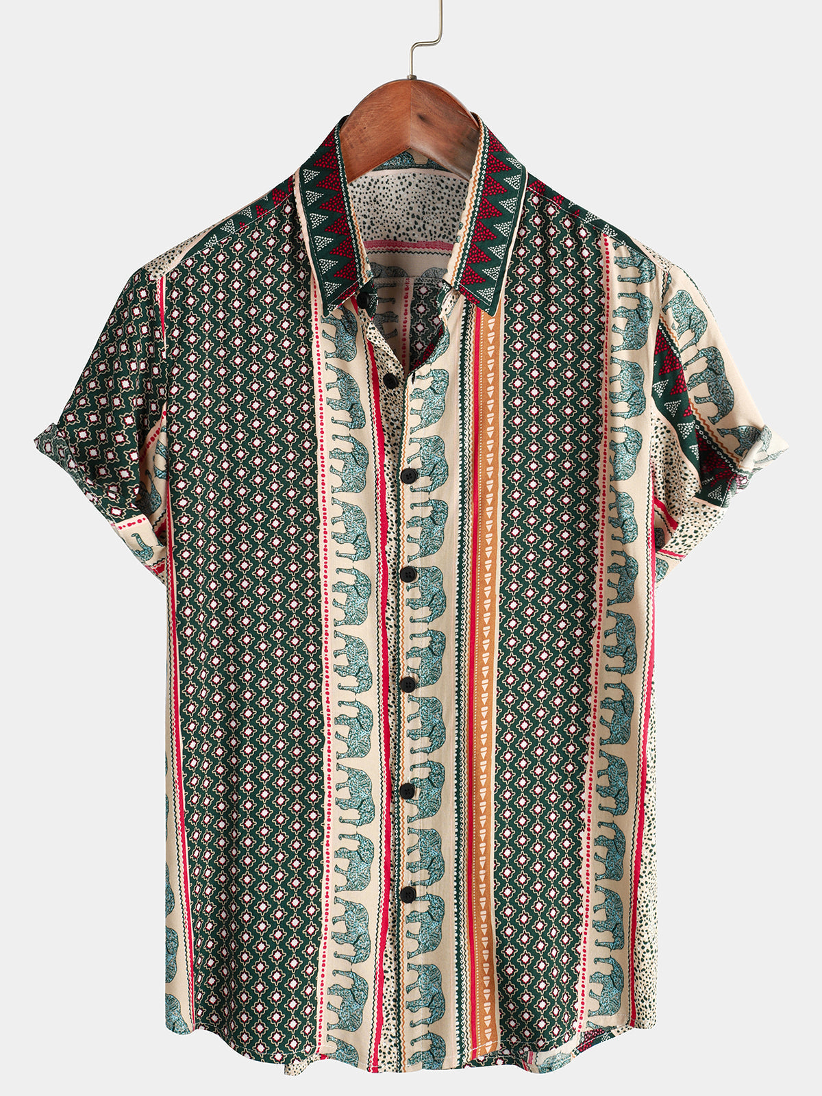 Chemise à Manches Courtes Verte avec Imprimé Éléphant Rayé pour Homme