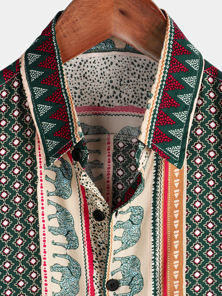 Chemise à manches courtes verte à imprimé éléphant rayé pour hommes