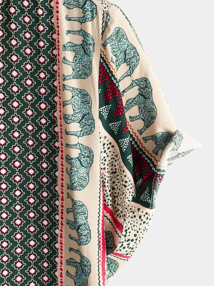 Chemise à manches courtes verte à imprimé éléphant rayé pour hommes