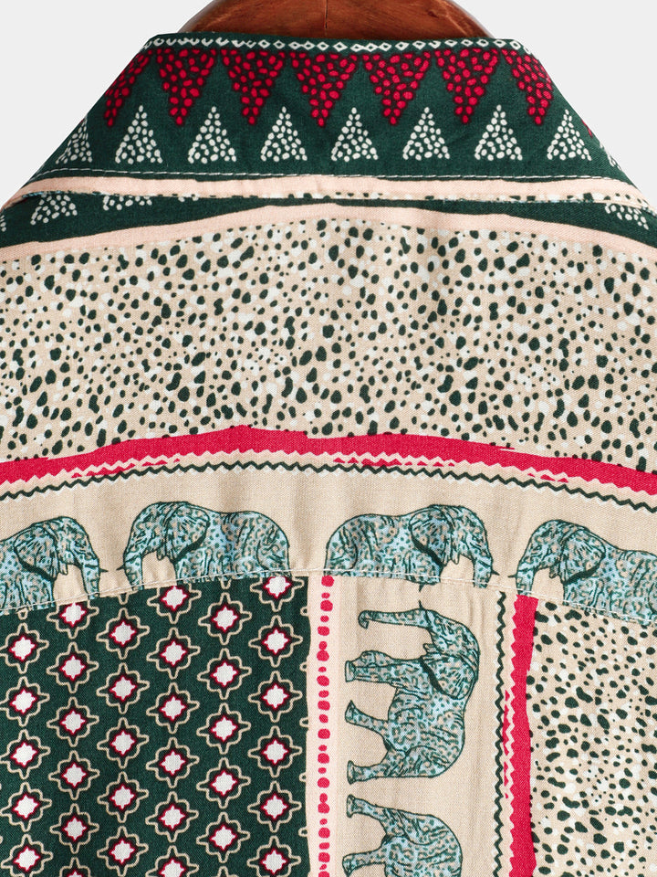 Chemise à manches courtes verte à imprimé éléphant rayé pour hommes