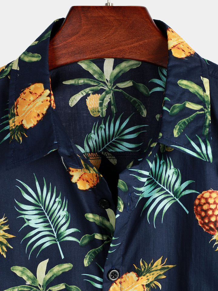 Chemise hawaïenne à manches courtes en coton imprimé ananas pour homme