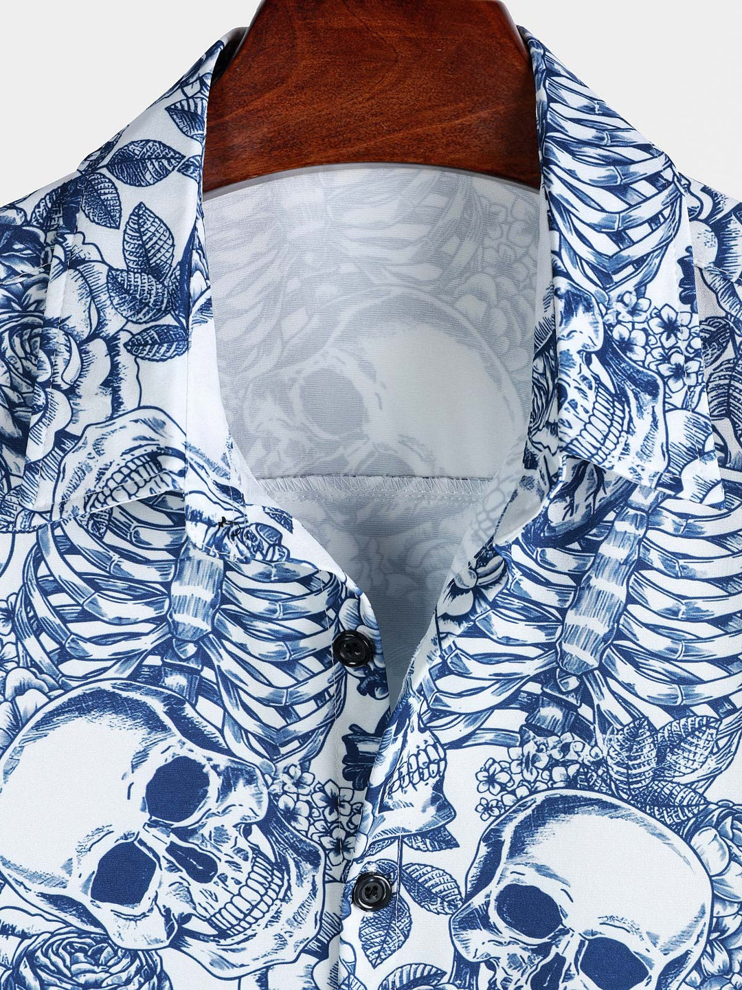 Chemise boutonnée à manches courtes pour homme, motif tête de mort et fleur bleue, style punk rock