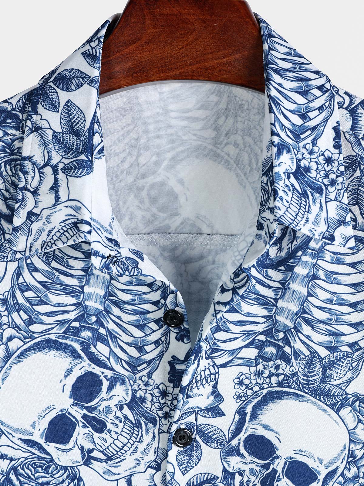 Chemise boutonnée à manches courtes pour homme, motif tête de mort et fleur bleue, style punk rock
