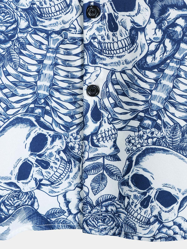 Chemise boutonnée à manches courtes pour homme, motif tête de mort et fleur bleue, style punk rock