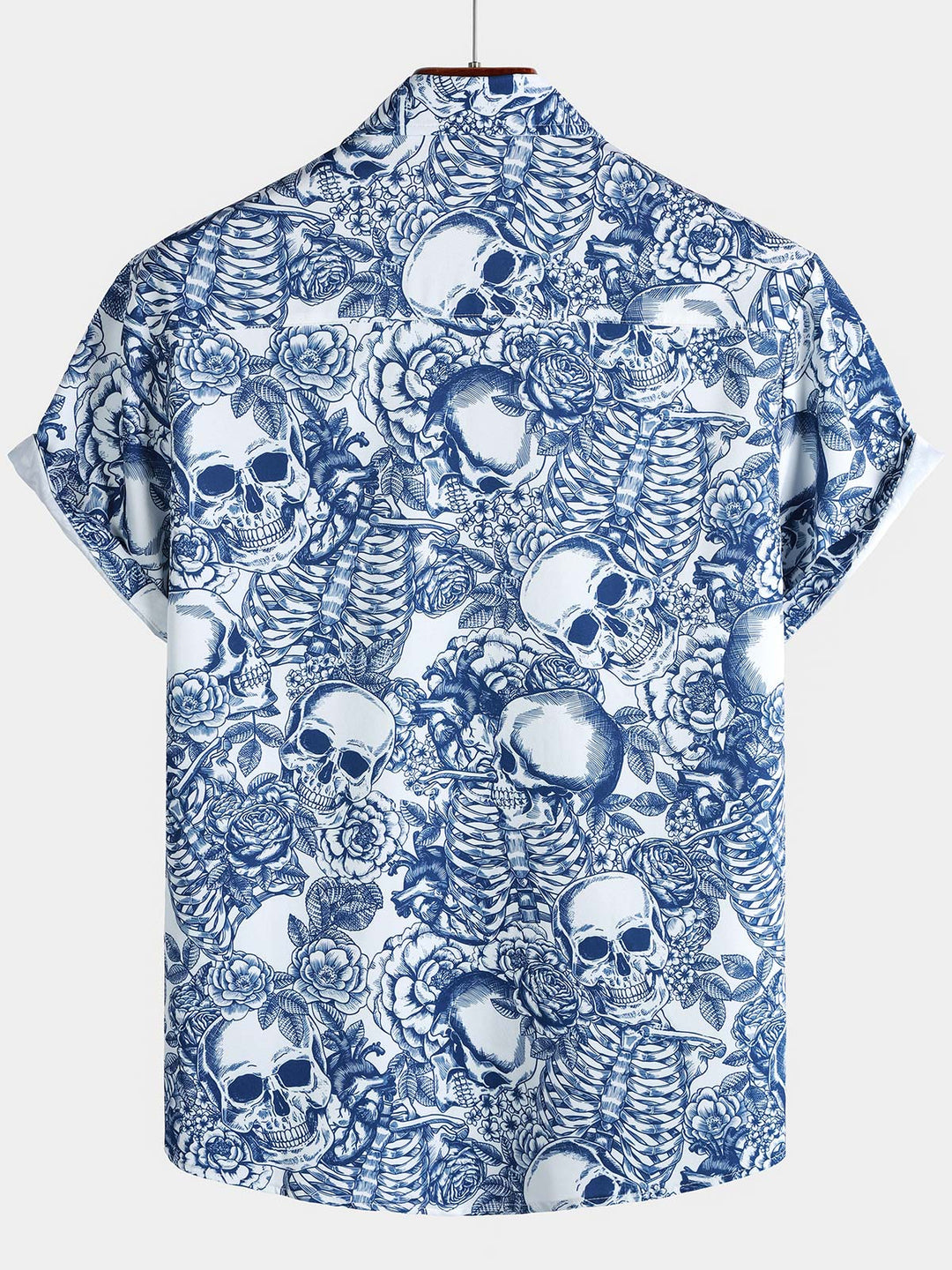 Chemise boutonnée à manches courtes pour homme, motif tête de mort et fleur bleue, style punk rock