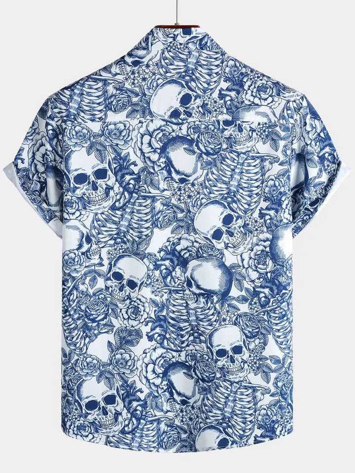 Chemise boutonnée à manches courtes pour homme, motif tête de mort et fleur bleue, style punk rock