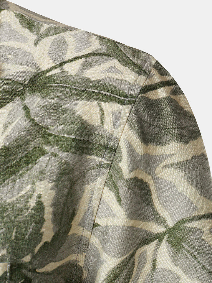 Chemise Homme Verte Manches Courtes Resort à Poche Imprimé Tropical