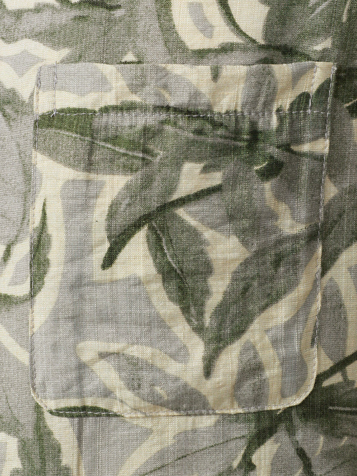 Chemise Homme Verte Manches Courtes Resort à Poche Imprimé Tropical