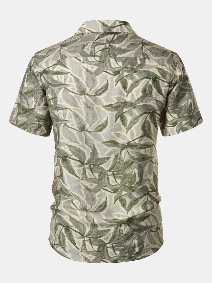 Chemise Homme Verte Manches Courtes Resort à Poche Imprimé Tropical
