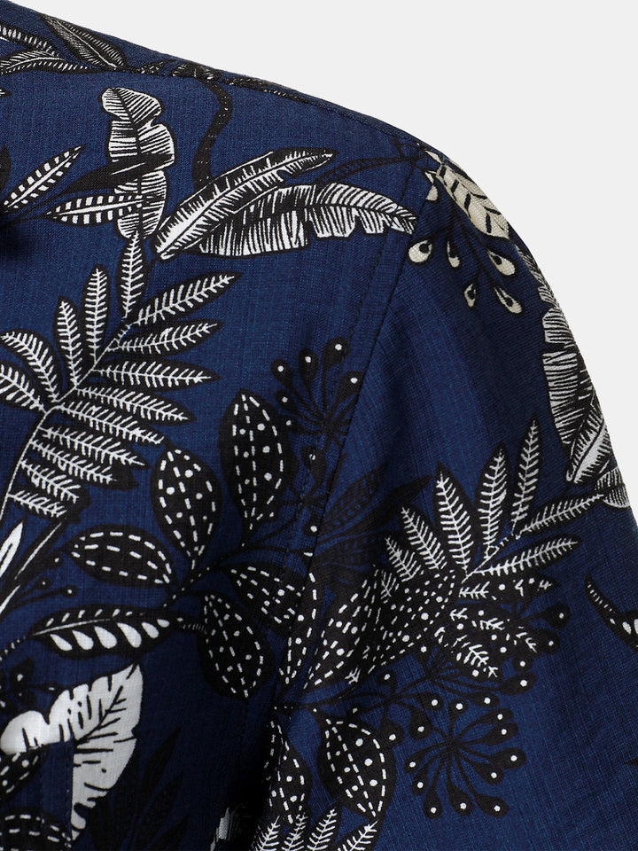 Chemise Hawaïenne Homme Bleu Marine à Imprimé Feuilles Tropicales Décontractée