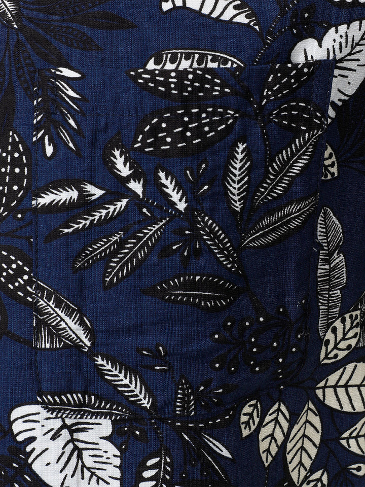 Chemise Hawaïenne Homme Bleu Marine à Imprimé Feuilles Tropicales Décontractée