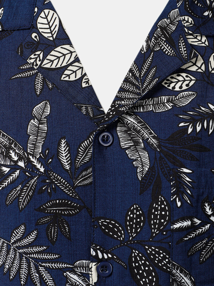 Chemise Hawaïenne Homme Bleu Marine à Imprimé Feuilles Tropicales Décontractée