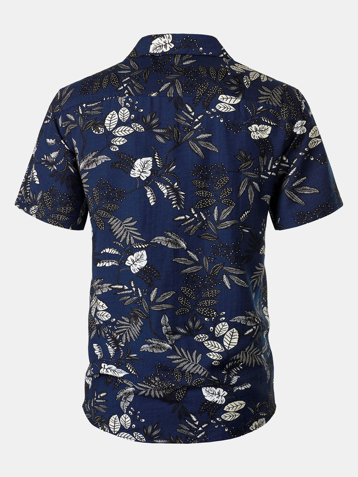 Chemise Hawaïenne Homme Bleu Marine à Imprimé Feuilles Tropicales Décontractée