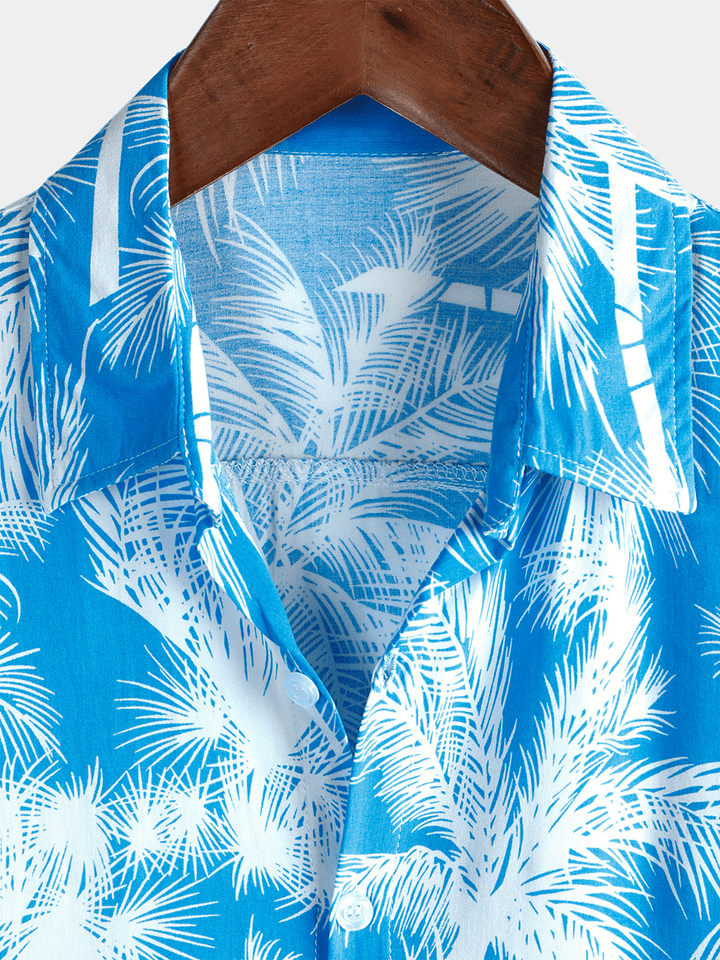 Chemise homme manches courtes imprimé tropical bleu style plage