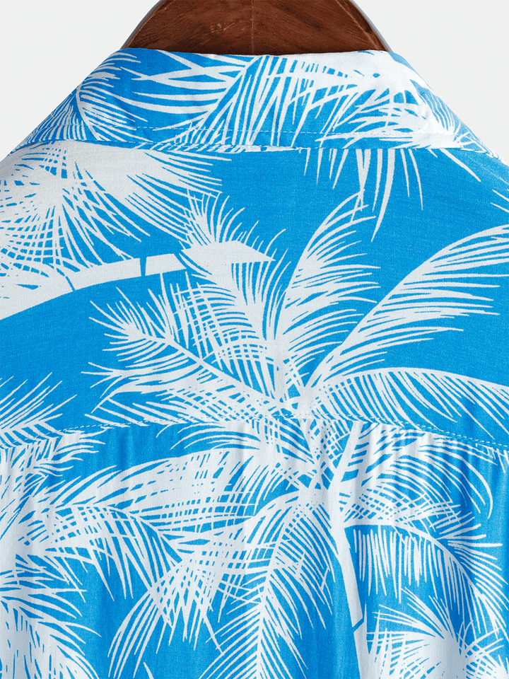 Chemise homme manches courtes imprimé tropical bleu style plage