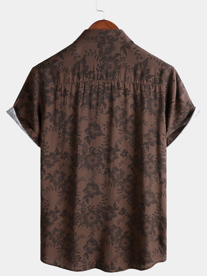 Chemise Homme Fleurie Marron Rétro Vacances Manches Courtes