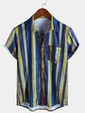 Chemise d'été à manches courtes pour homme, style vintage, rayée jaune