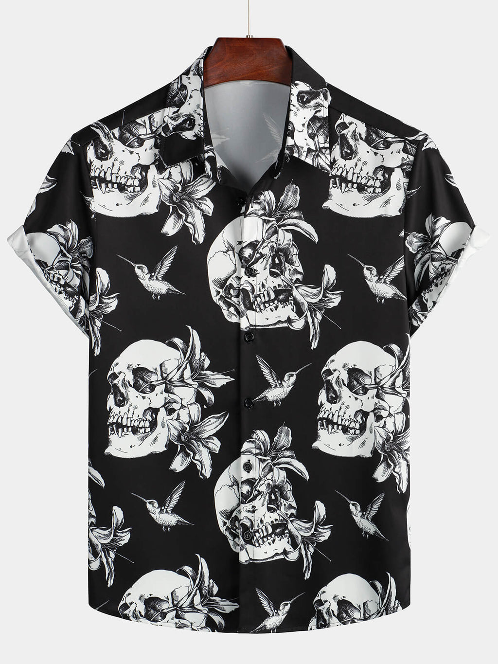 Chemise Hawaïenne Noire à Manches Courtes pour Homme avec Crâne, Colibri et Style Punk Rock
