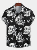 Chemise Hawaïenne Noire à Manches Courtes pour Homme avec Crâne, Colibri et Style Punk Rock