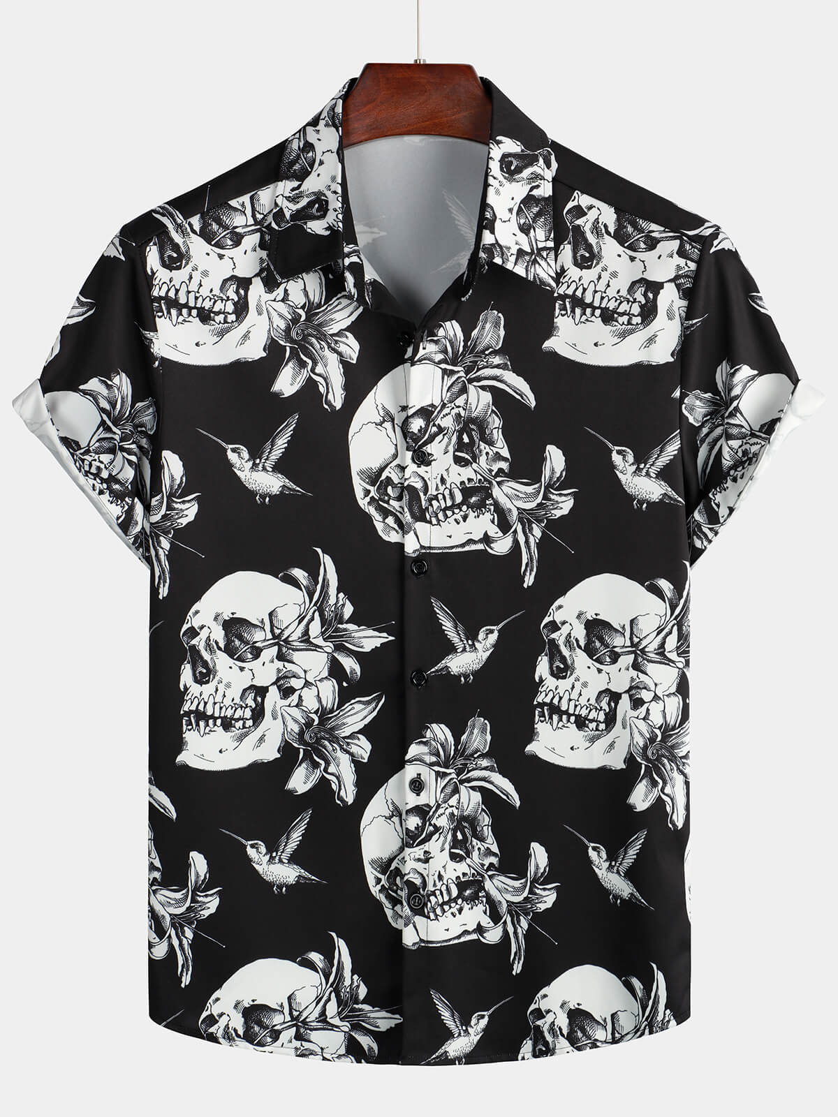 Chemise Hawaïenne Noire à Manches Courtes pour Homme avec Crâne, Colibri et Style Punk Rock