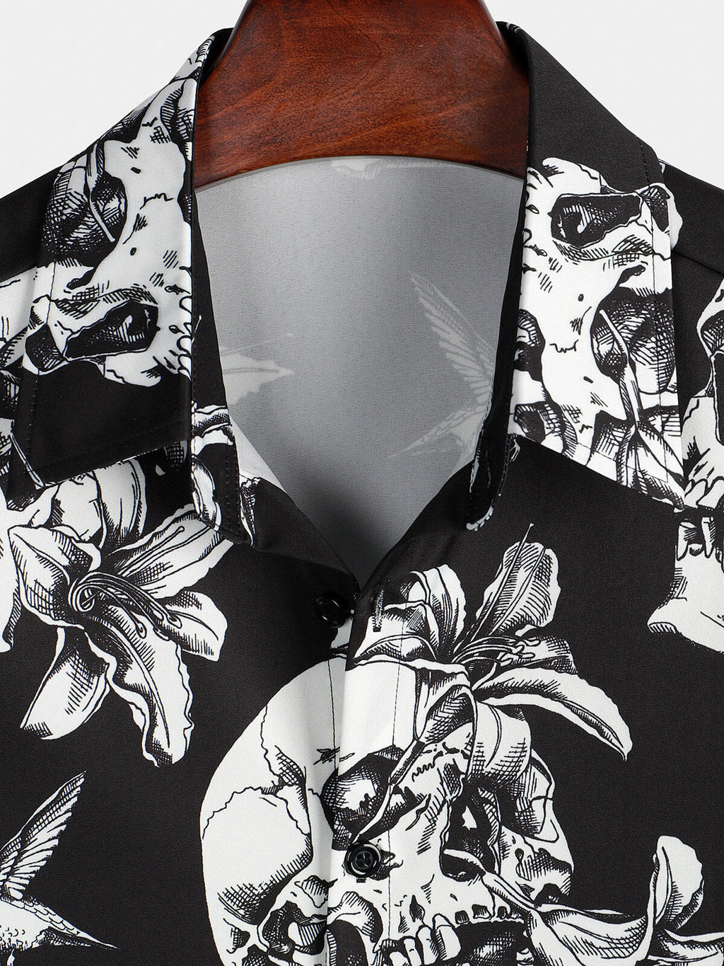 Chemise hawaïenne noire à manches courtes pour homme Skull Hummingbird Punk Rocker Cool Rock Button Up