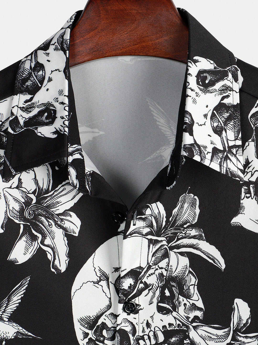 Chemise hawaïenne noire à manches courtes pour homme Skull Hummingbird Punk Rocker Cool Rock Button Up
