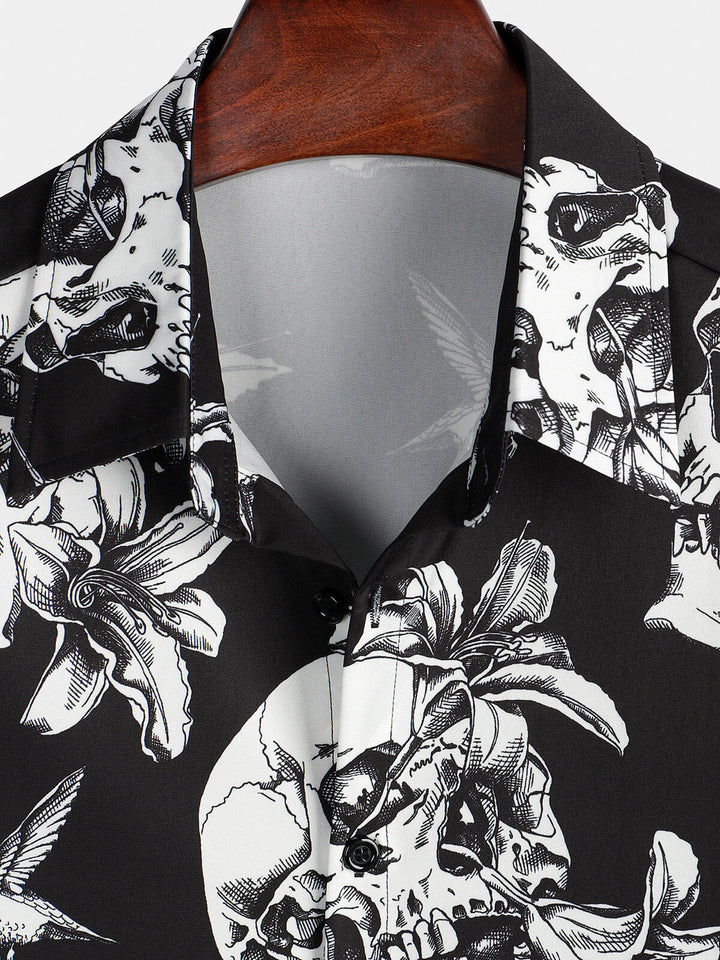 Chemise hawaïenne noire à manches courtes pour homme Skull Hummingbird Punk Rocker Cool Rock Button Up