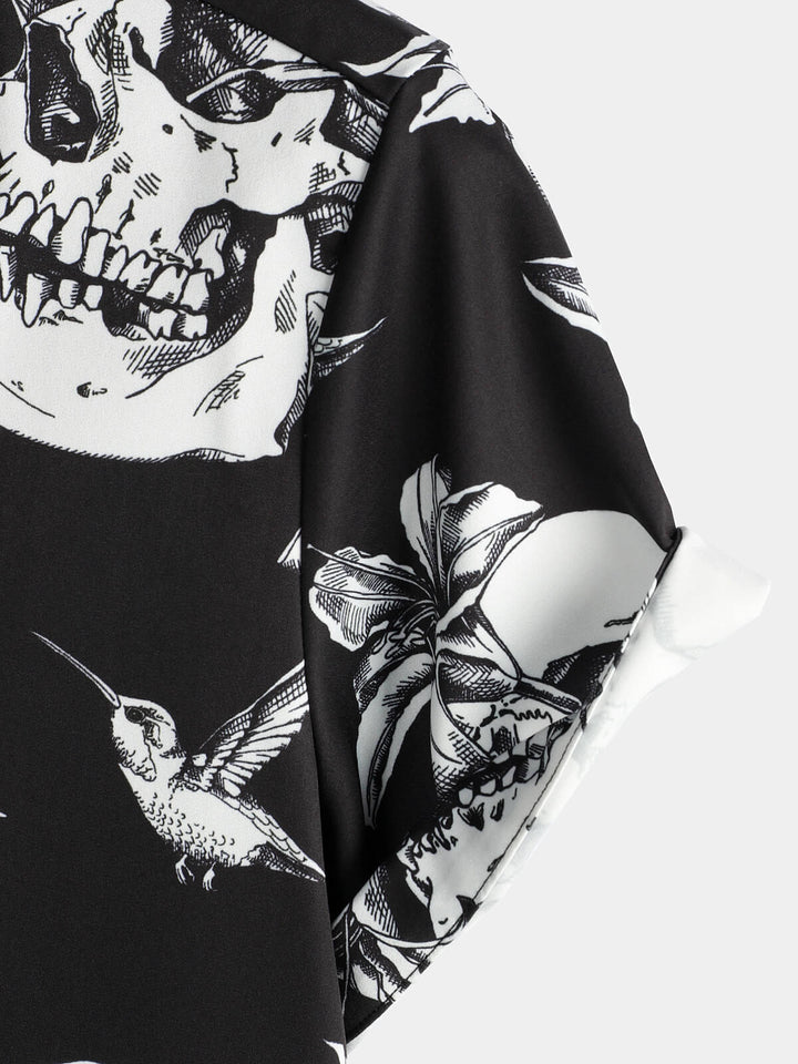 Chemise hawaïenne noire à manches courtes pour homme Skull Hummingbird Punk Rocker Cool Rock Button Up