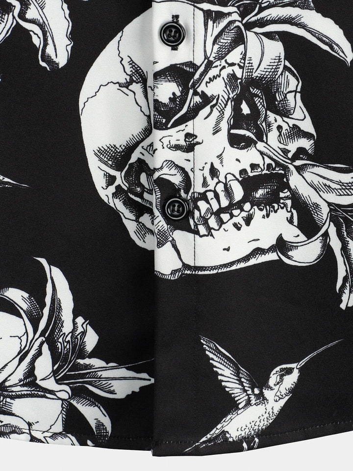 Chemise hawaïenne noire à manches courtes pour homme Skull Hummingbird Punk Rocker Cool Rock Button Up