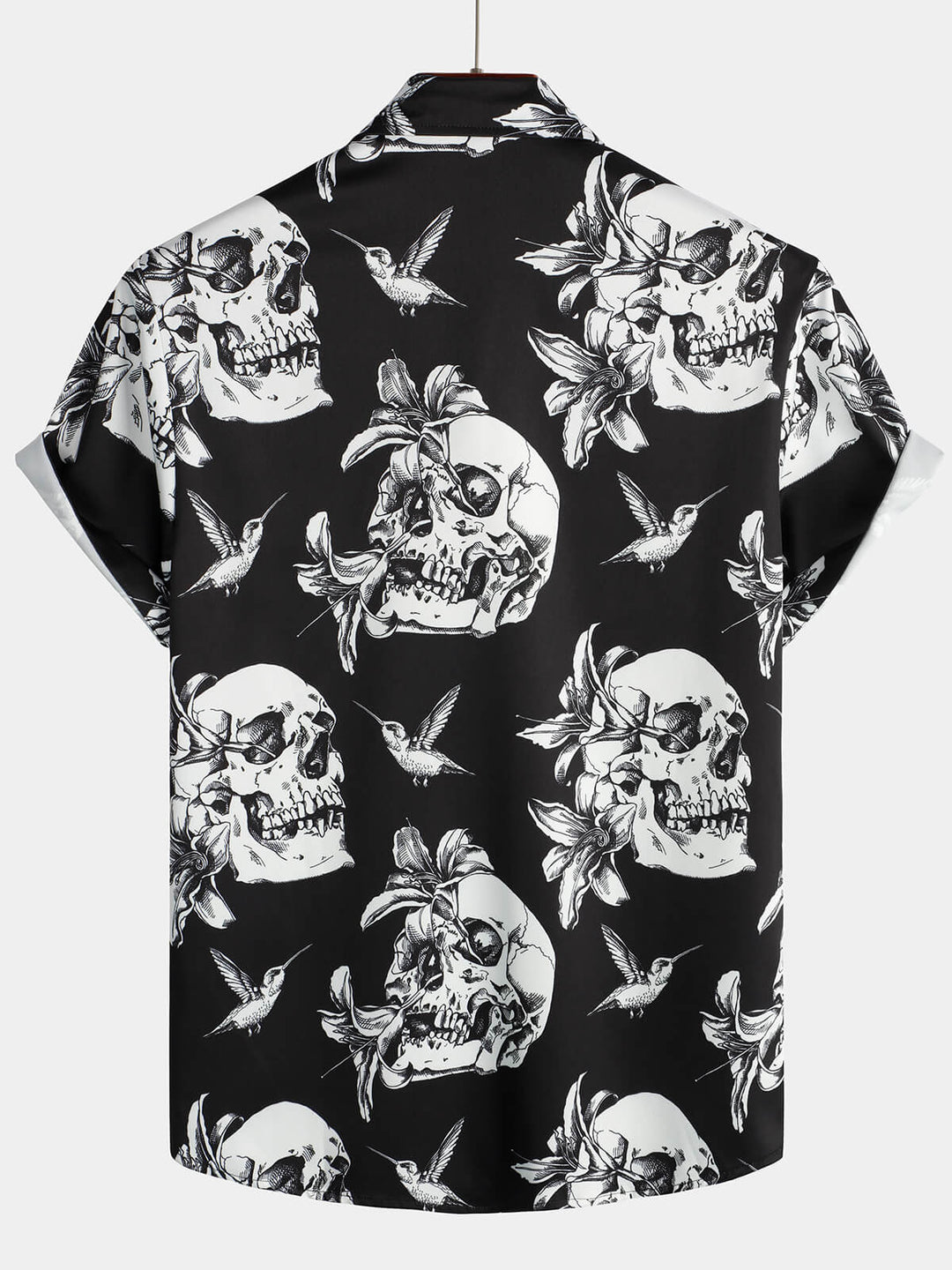 Chemise hawaïenne noire à manches courtes pour homme Skull Hummingbird Punk Rocker Cool Rock Button Up