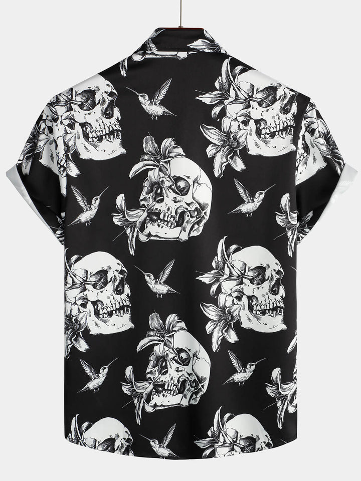 Chemise hawaïenne noire à manches courtes pour homme Skull Hummingbird Punk Rocker Cool Rock Button Up