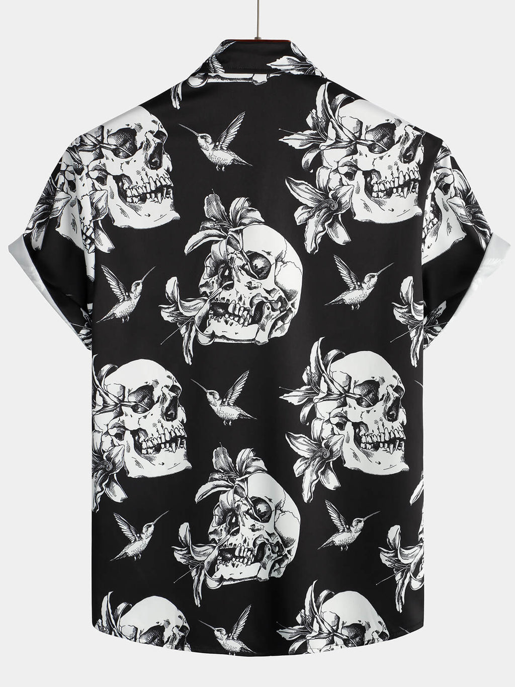Chemise Hawaïenne Noire à Manches Courtes pour Homme avec Crâne, Colibri et Style Punk Rock