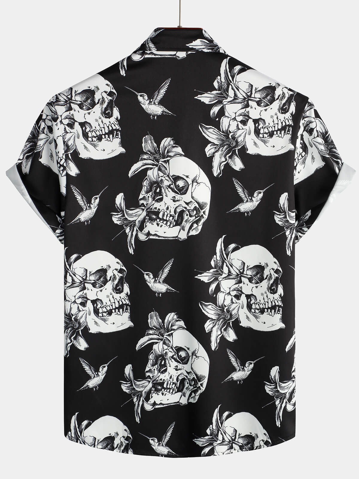 Chemise Hawaïenne Noire à Manches Courtes pour Homme avec Crâne, Colibri et Style Punk Rock