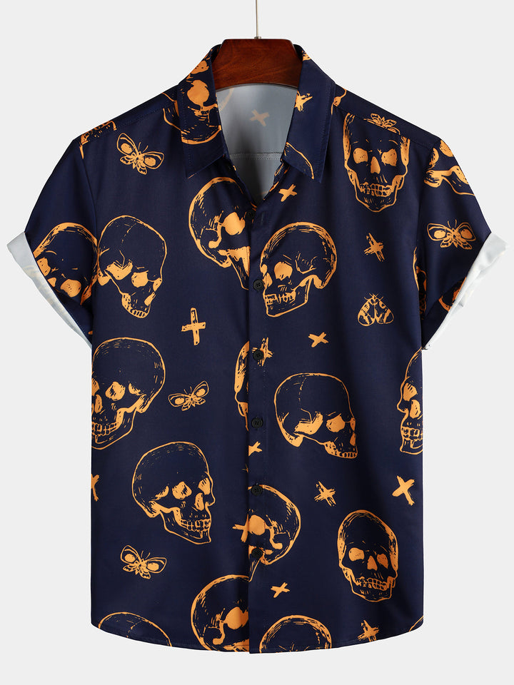 Chemise hawaïenne Aloha à manches courtes avec imprimé tête de mort orange pour homme
