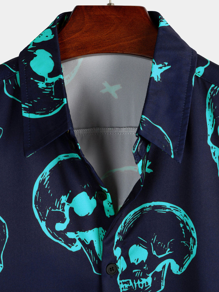 Chemise hawaïenne Aloha à manches courtes pour hommes, imprimé tête de mort bleue, bouton graphique artistique