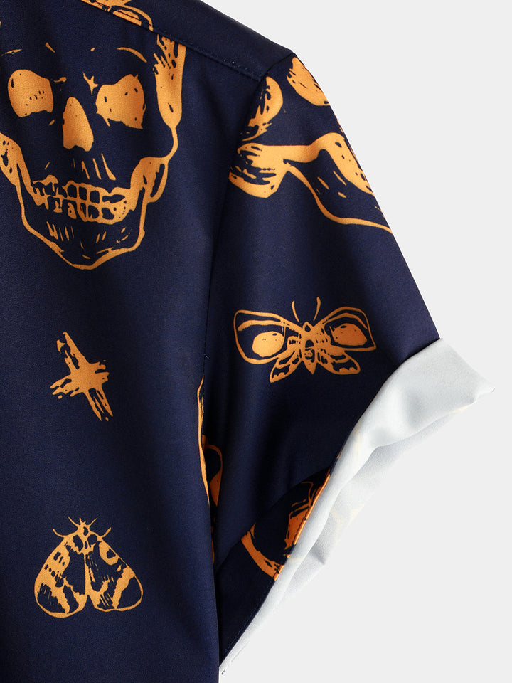 Chemise hawaïenne Aloha à manches courtes avec imprimé tête de mort orange pour homme
