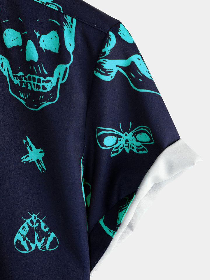 Chemise hawaïenne Aloha à manches courtes pour hommes, imprimé tête de mort bleue, bouton graphique artistique