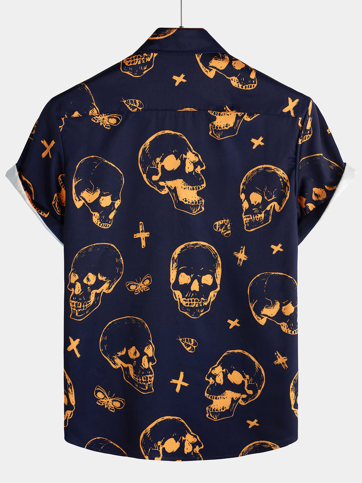 Chemise hawaïenne Aloha à manches courtes avec imprimé tête de mort orange pour homme
