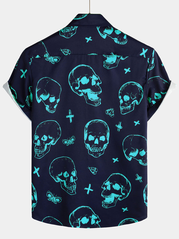 Chemise hawaïenne Aloha à manches courtes pour hommes, imprimé tête de mort bleue, bouton graphique artistique