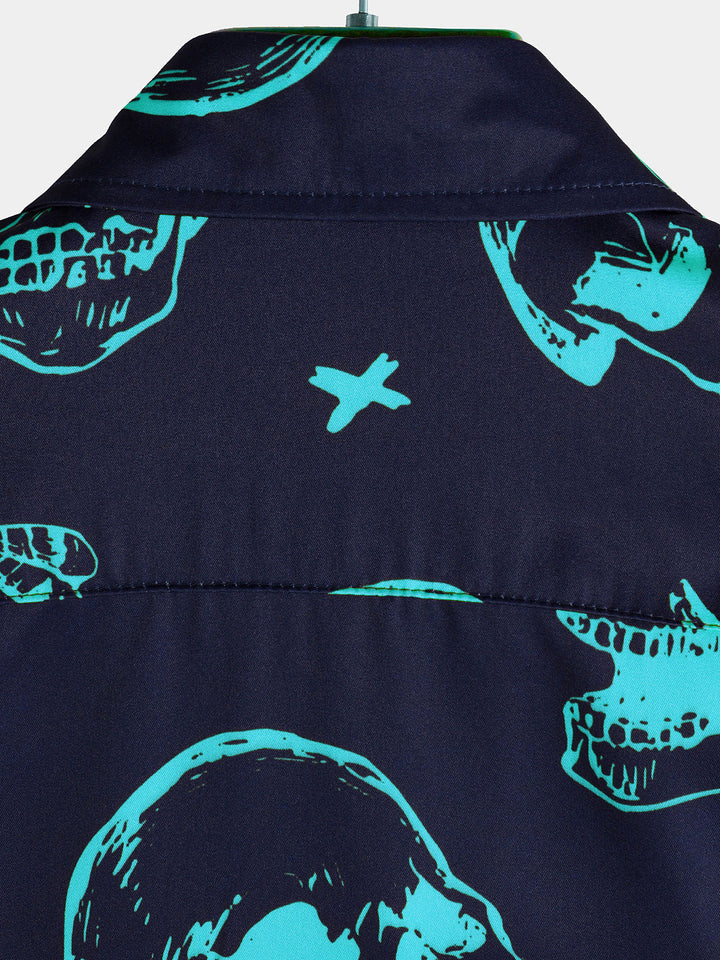 Chemise hawaïenne Aloha à manches courtes pour hommes, imprimé tête de mort bleue, bouton graphique artistique