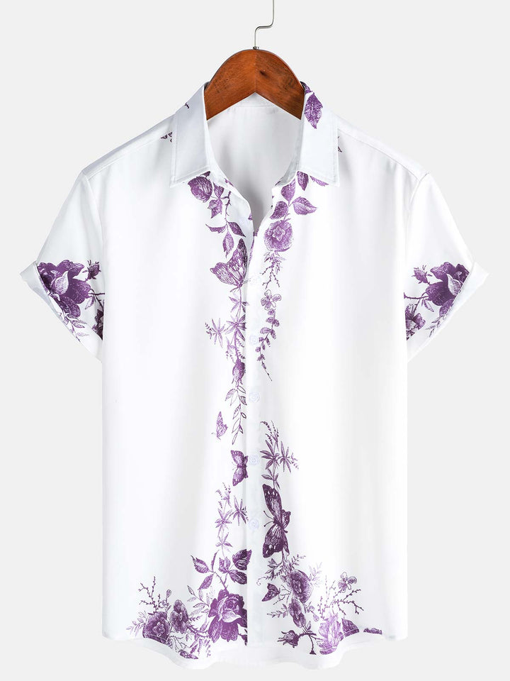 Chemise hawaïenne à manches courtes et col décontracté pour homme, imprimé floral violet, à boutons, pour l&
