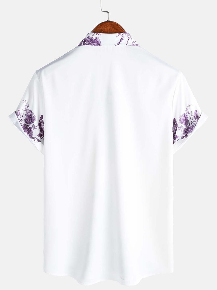 Chemise hawaïenne à manches courtes et col décontracté pour homme, imprimé floral violet, à boutons, pour l&