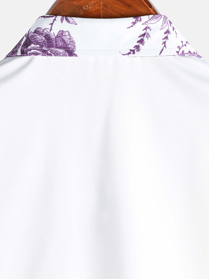 Chemise hawaïenne à manches courtes et col décontracté pour homme, imprimé floral violet, à boutons, pour l&