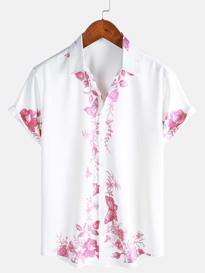 Chemise hawaïenne à manches courtes et col décontracté pour homme, imprimé floral rose, à boutons, pour l&
