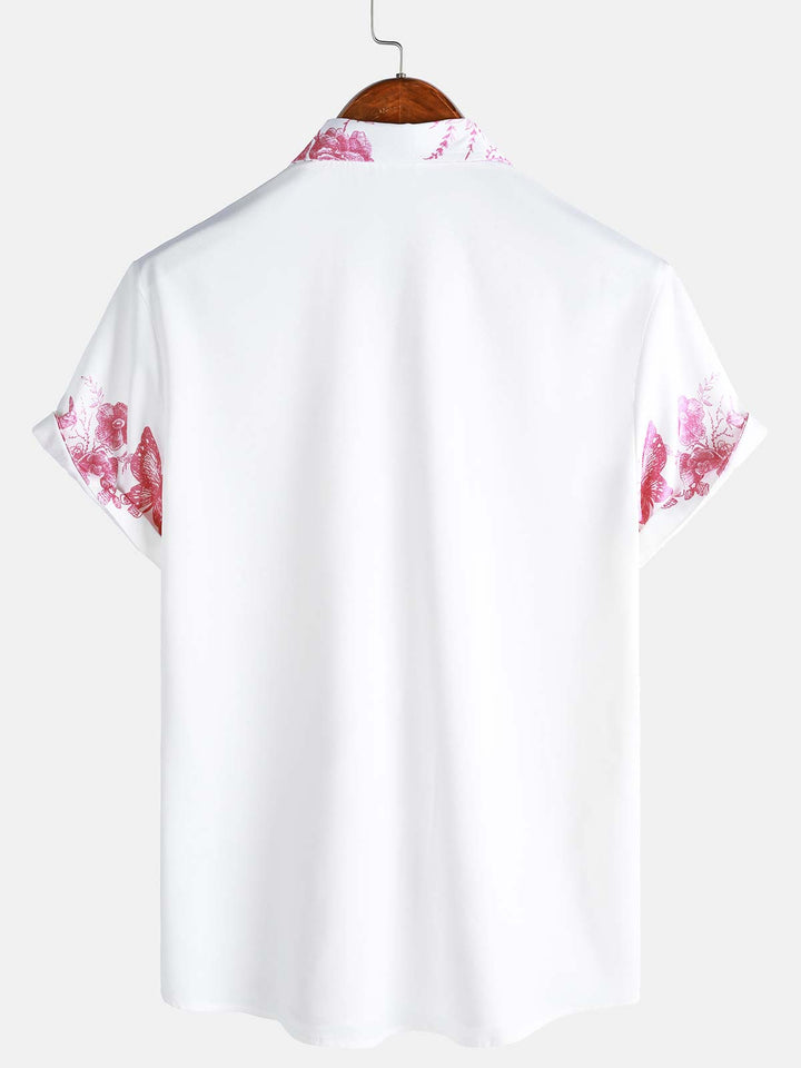 Chemise hawaïenne à manches courtes et col décontracté pour homme, imprimé floral rose, à boutons, pour l&