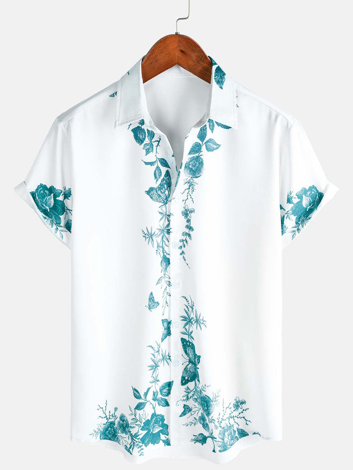 Chemise hawaïenne à manches courtes et col décontracté pour homme, imprimé floral vert, à boutons, pour l&