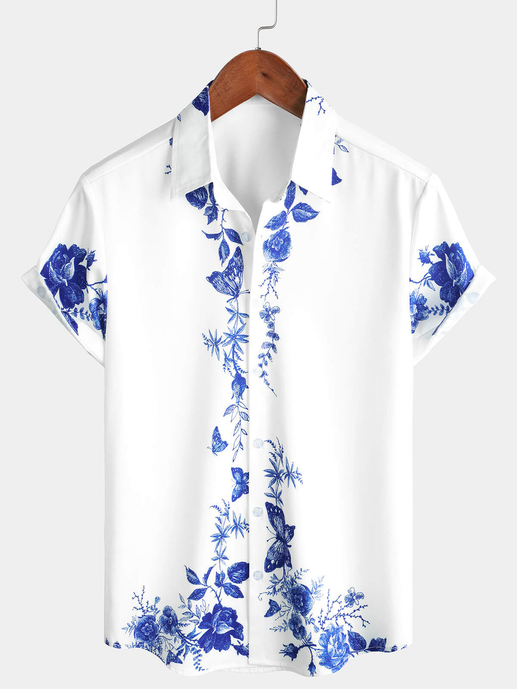 Chemise d'été décontractée à manches courtes avec boutons hawaïens à fleurs bleues pour homme
