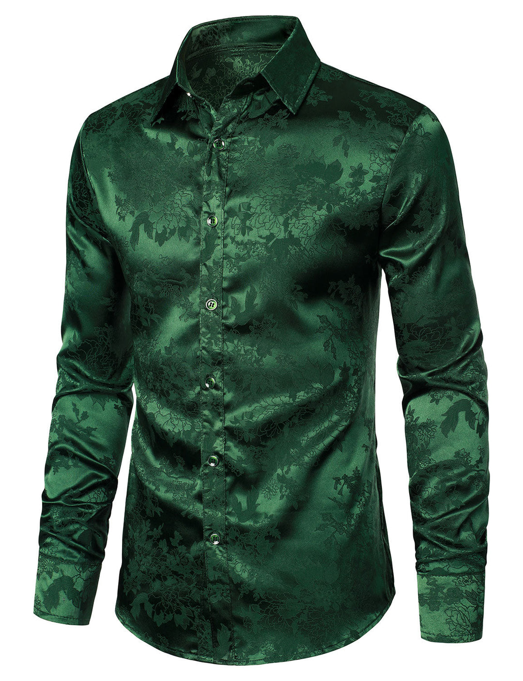 Chemise boutonnée à manches longues en satin brillant et jacquard floral pour homme