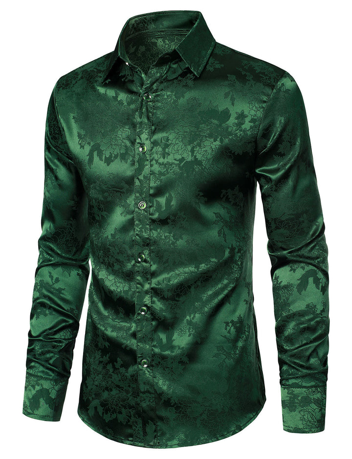 Chemise boutonnée à manches longues en satin brillant et jacquard floral pour homme